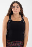 Black ribbed tank top with adjustable buckle straps - front view