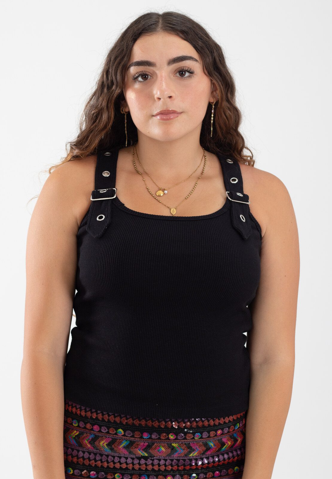 Black ribbed tank top with adjustable buckle straps - front view